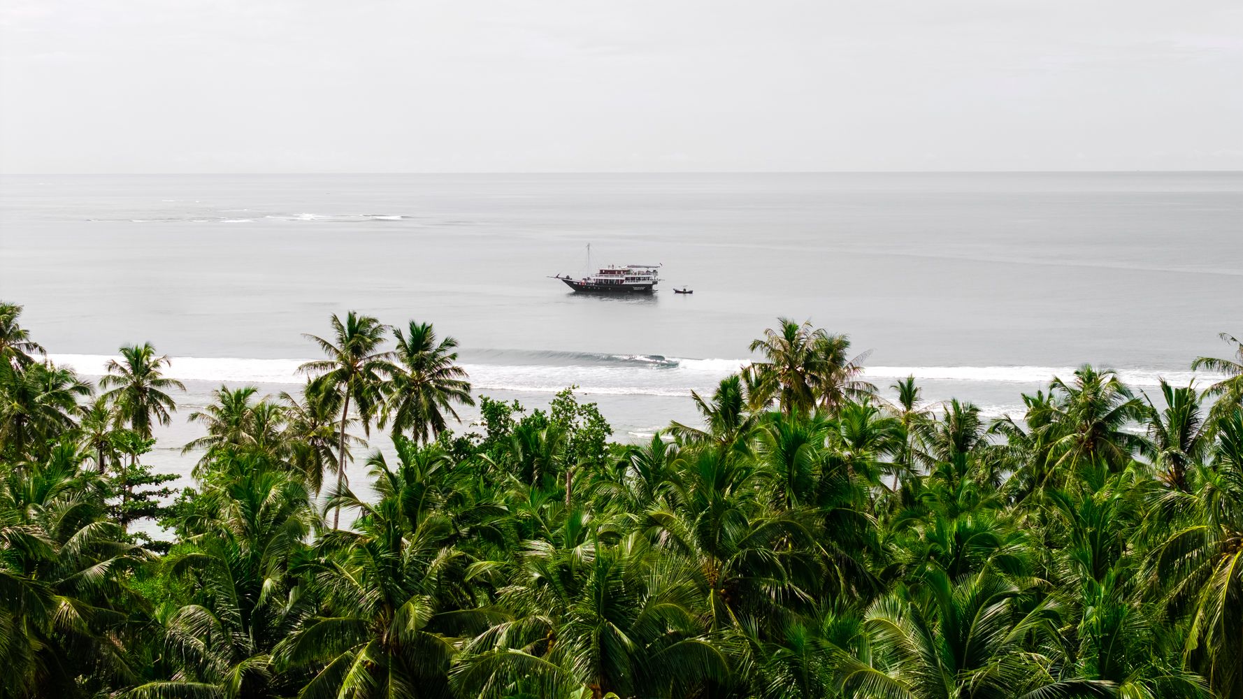 Maki anchored offshore, framed by palm trees and a breaking wave