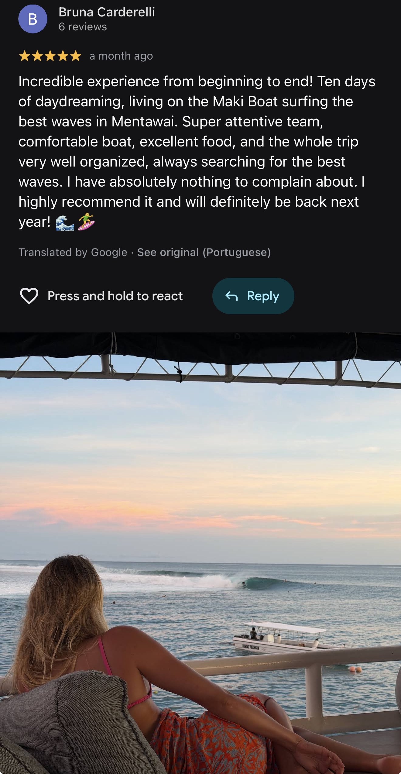 5-star Google review from Bruna Carderelli